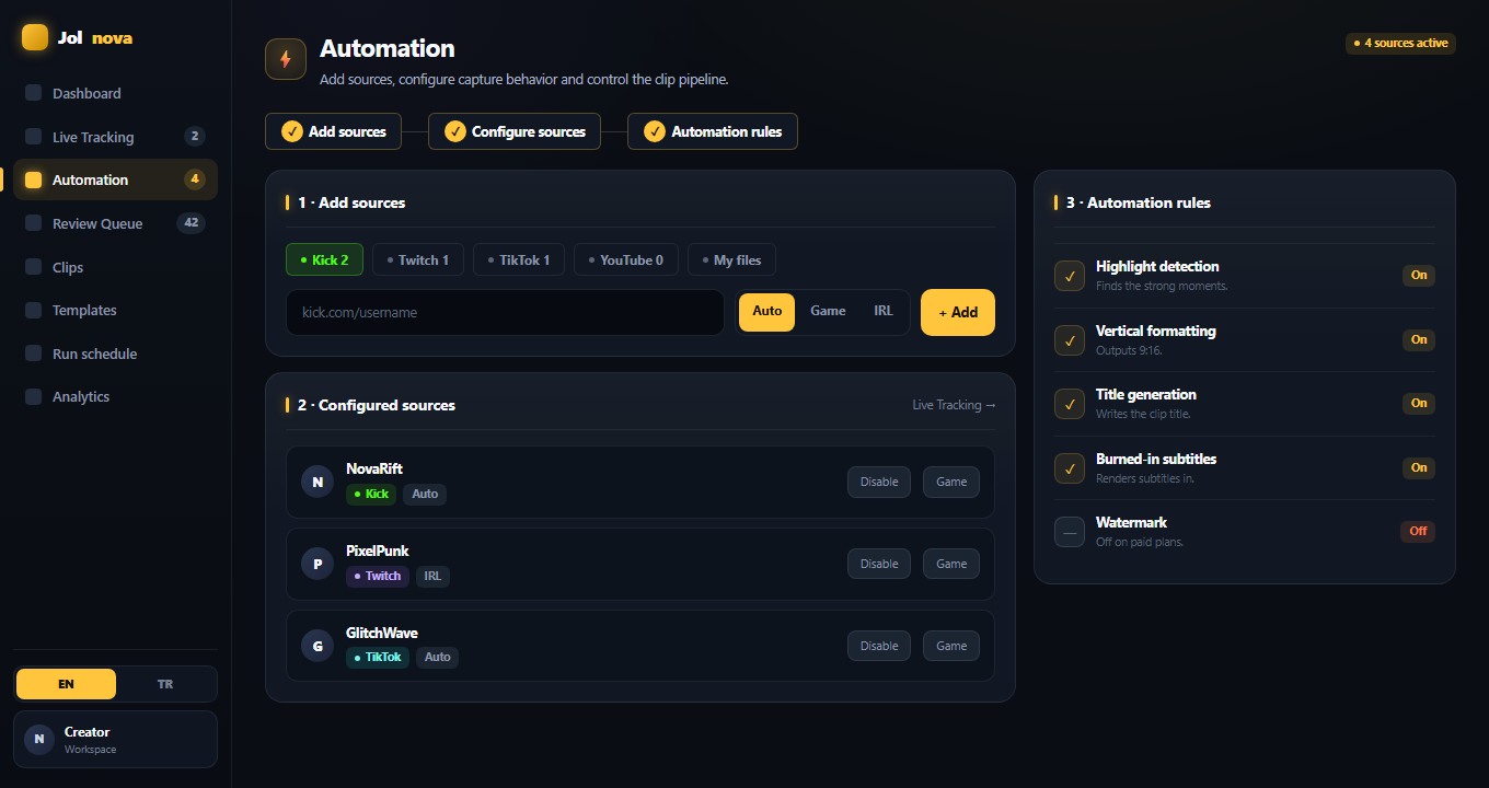 Automation page with the three-step source setup