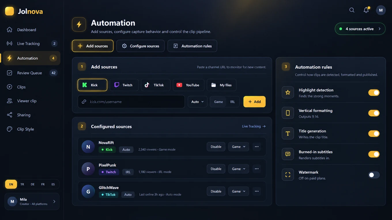 Automation page with the three-step source setup
