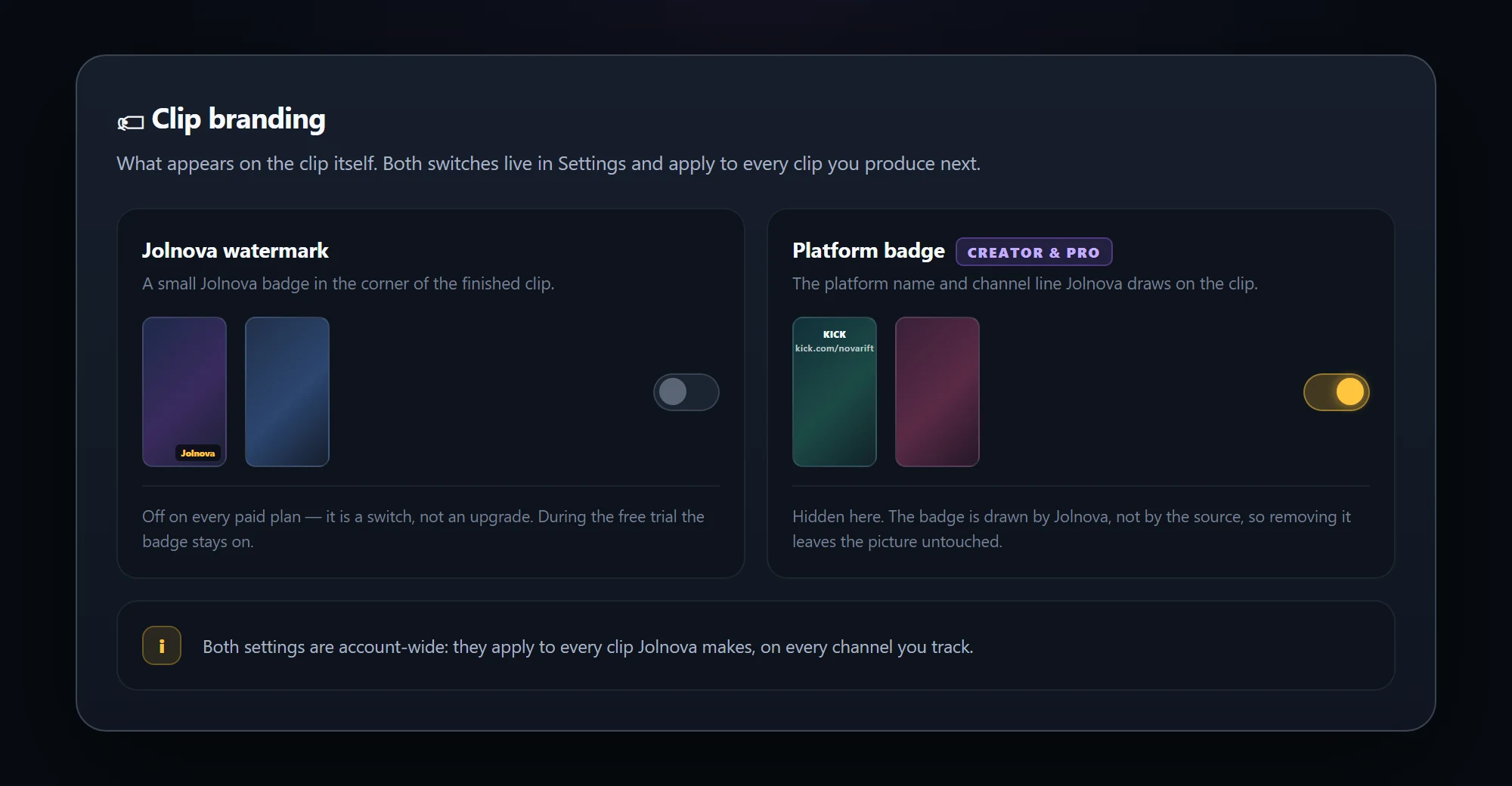 Clip branding settings with watermark and platform badge switches