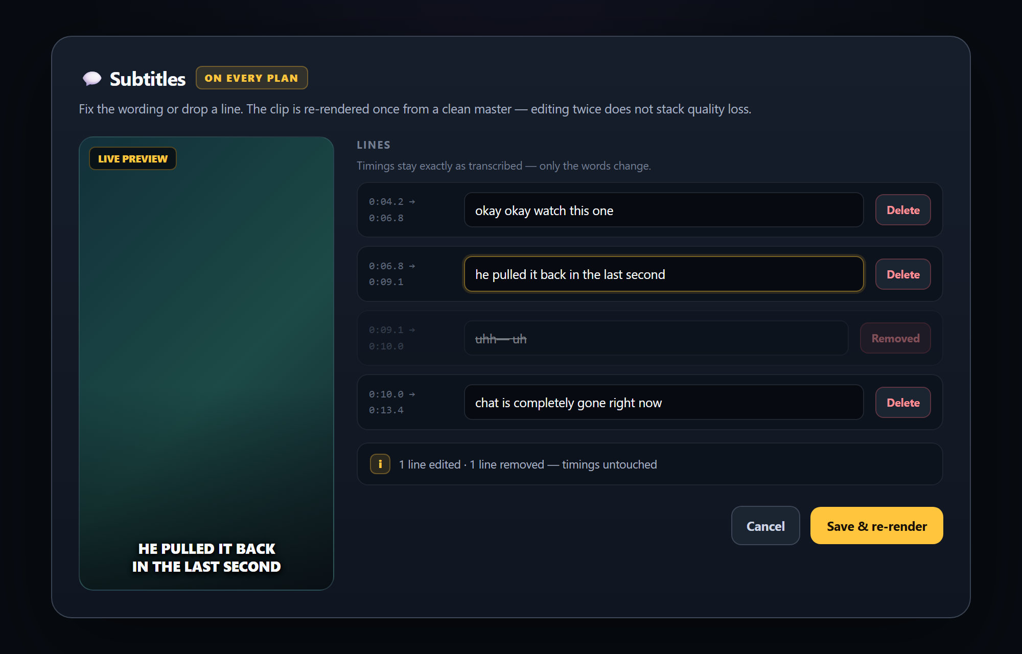 Subtitle editor with the transcribed lines open for editing