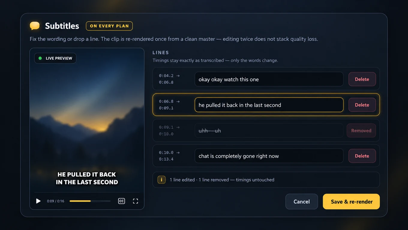 Subtitle editor with the transcribed lines open for editing