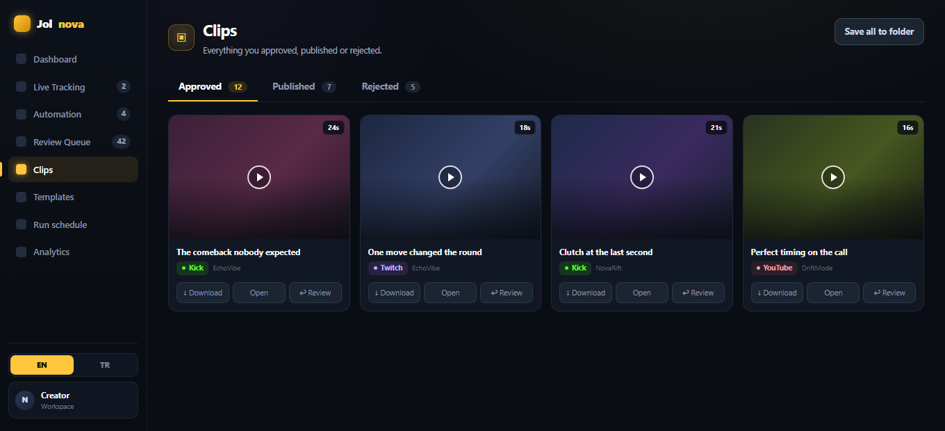 Clips library with approved, published and rejected tabs