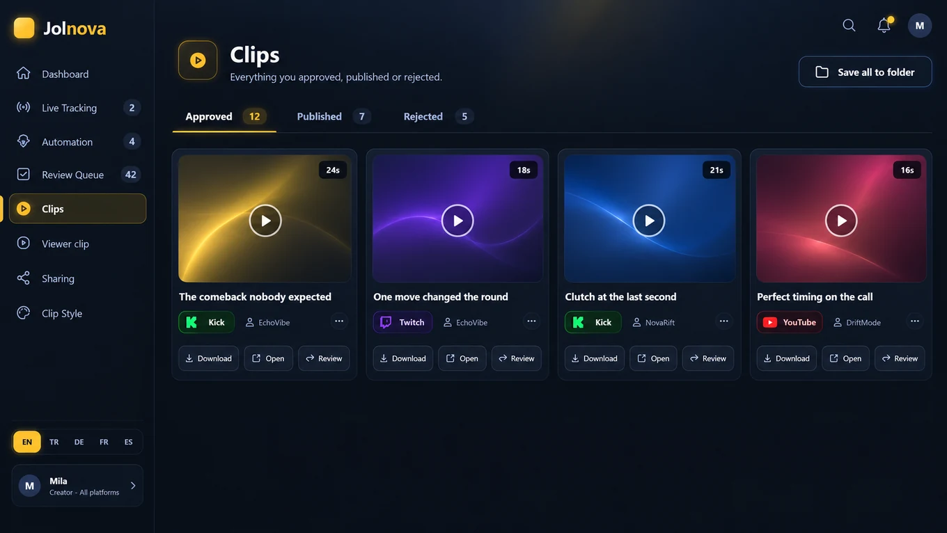 Clips library with approved, published and rejected tabs