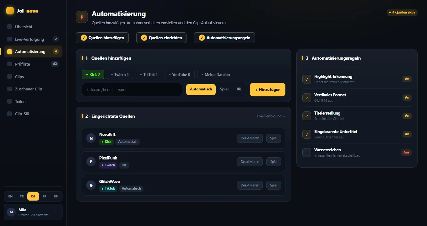 Automation page with the three-step source setup