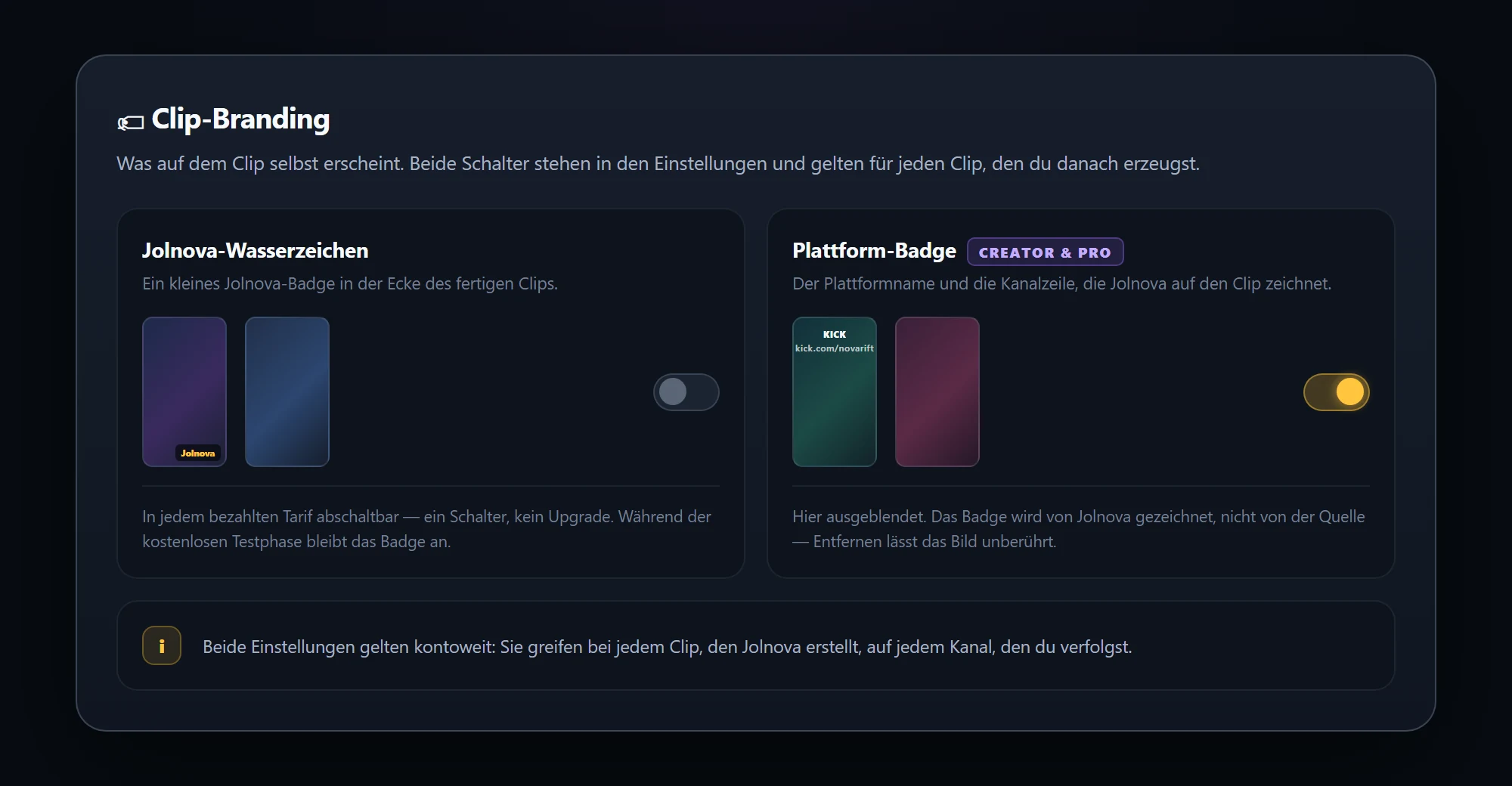 Clip branding settings with watermark and platform badge switches
