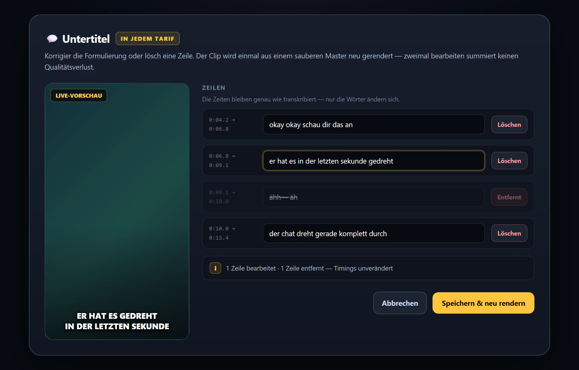 Subtitle editor with the transcribed lines open for editing