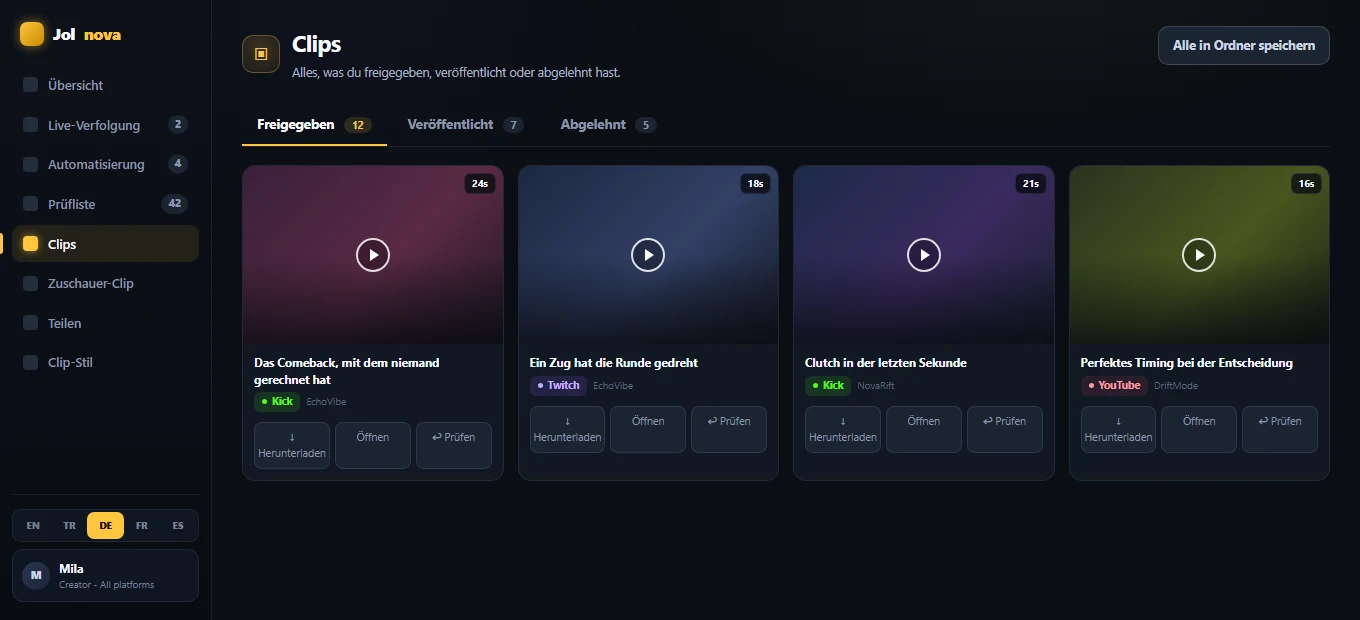 Clips library with approved, published and rejected tabs