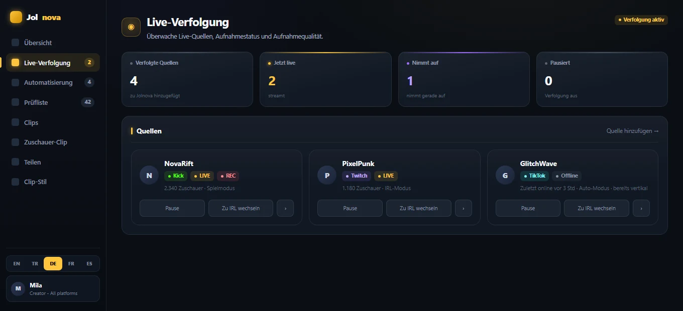 Live tracking view showing tracked sources and recording state