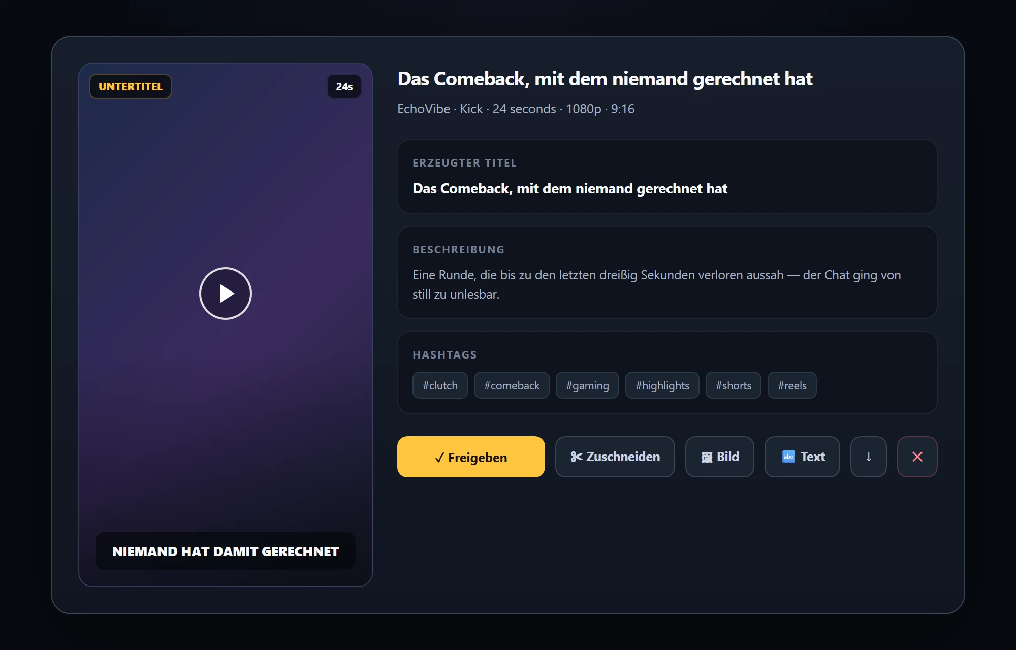 Clip detail with generated title, description and hashtags