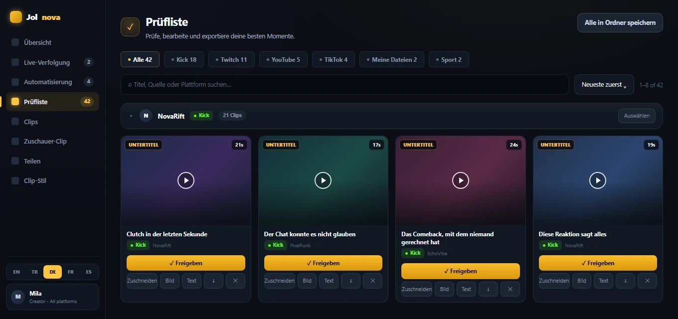 Review queue with generated clips ready for approval