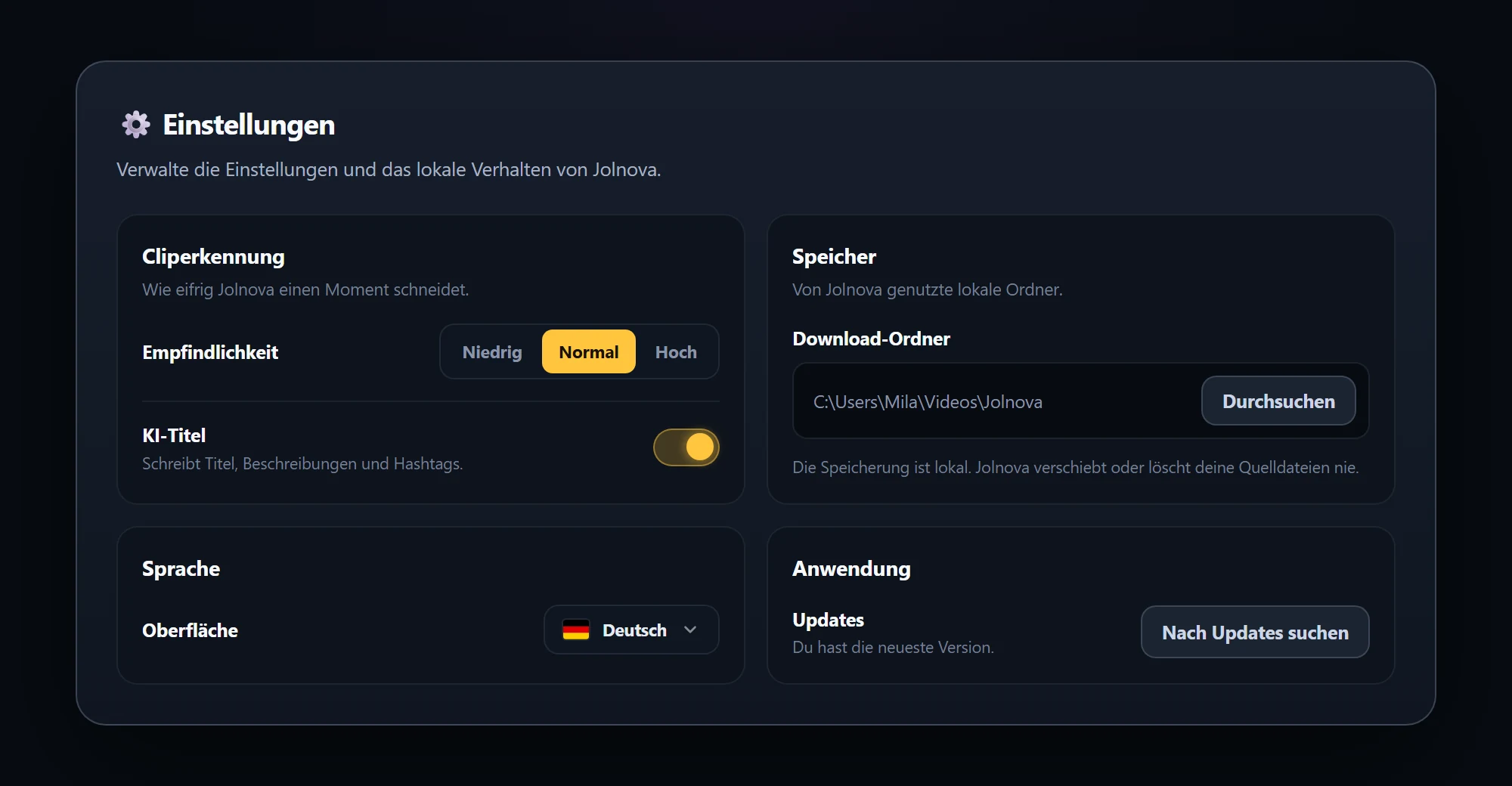 Settings page with detection, storage, language and application options