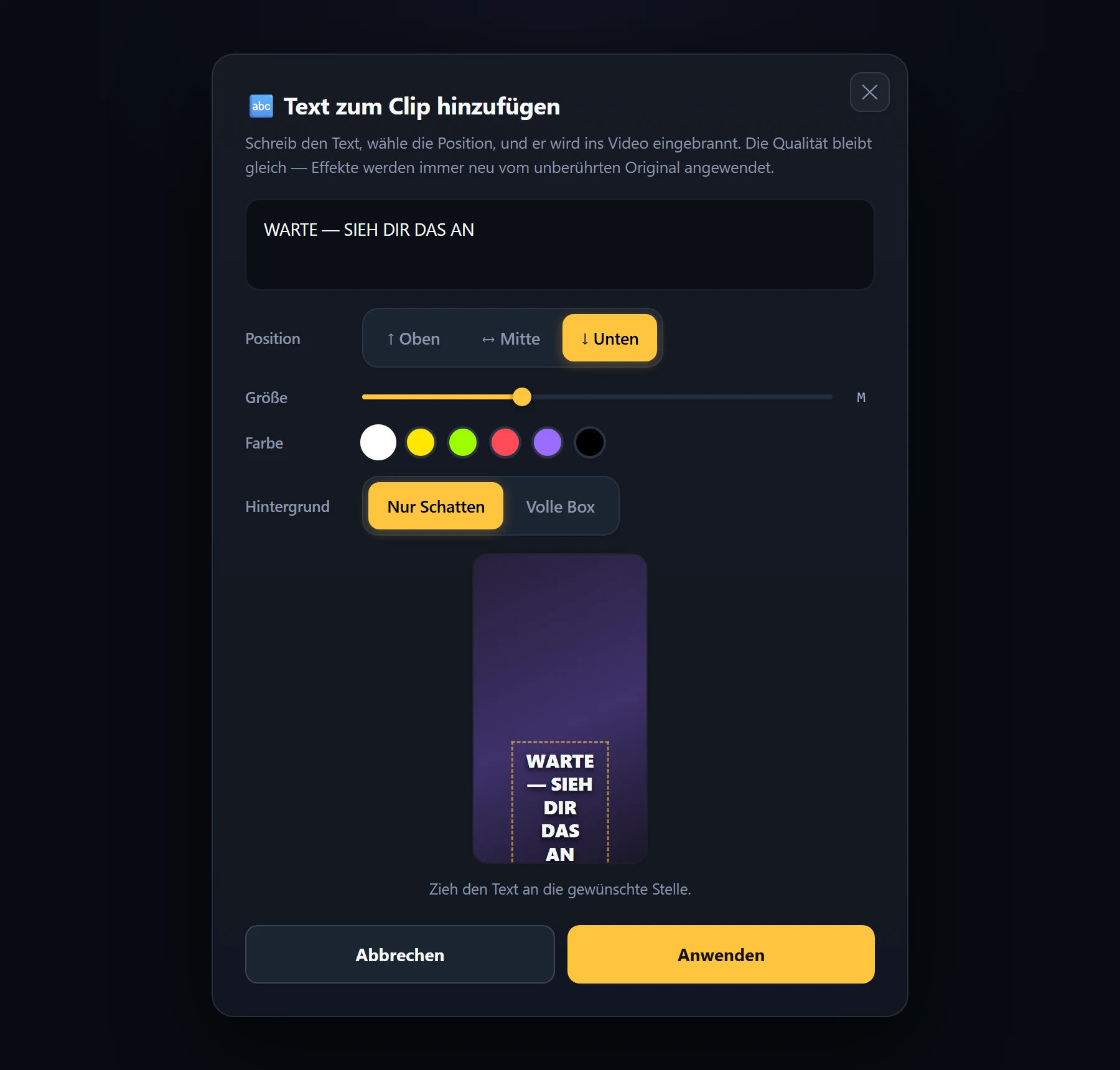 Text overlay editor with position, size and colour controls