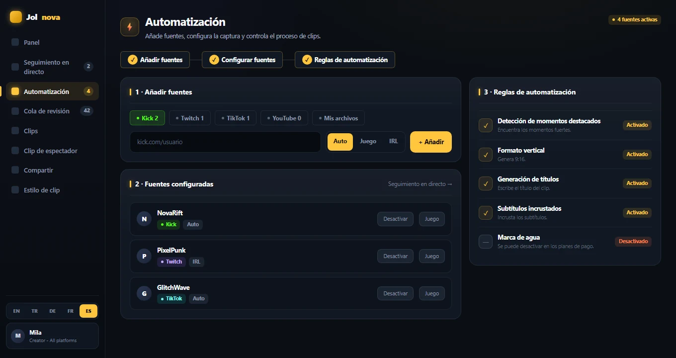 Automation page with the three-step source setup