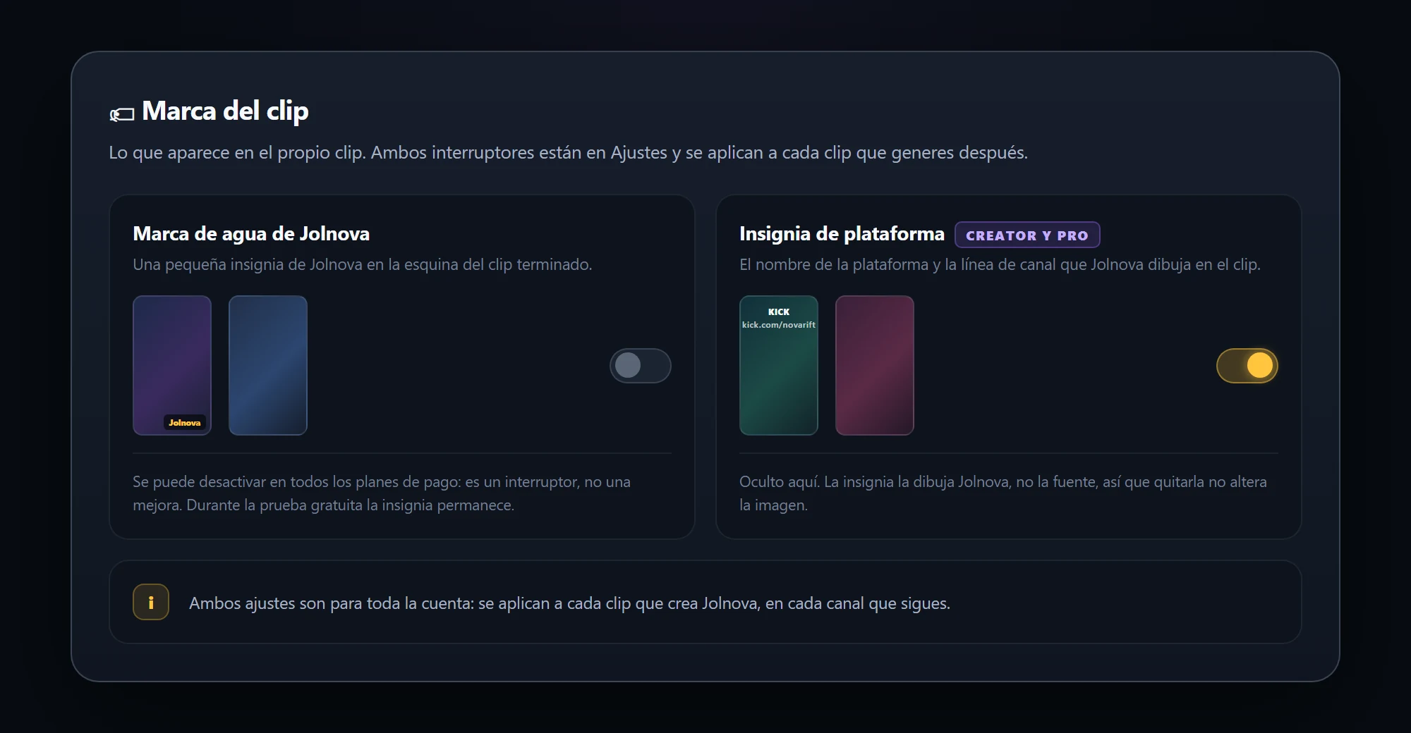 Clip branding settings with watermark and platform badge switches