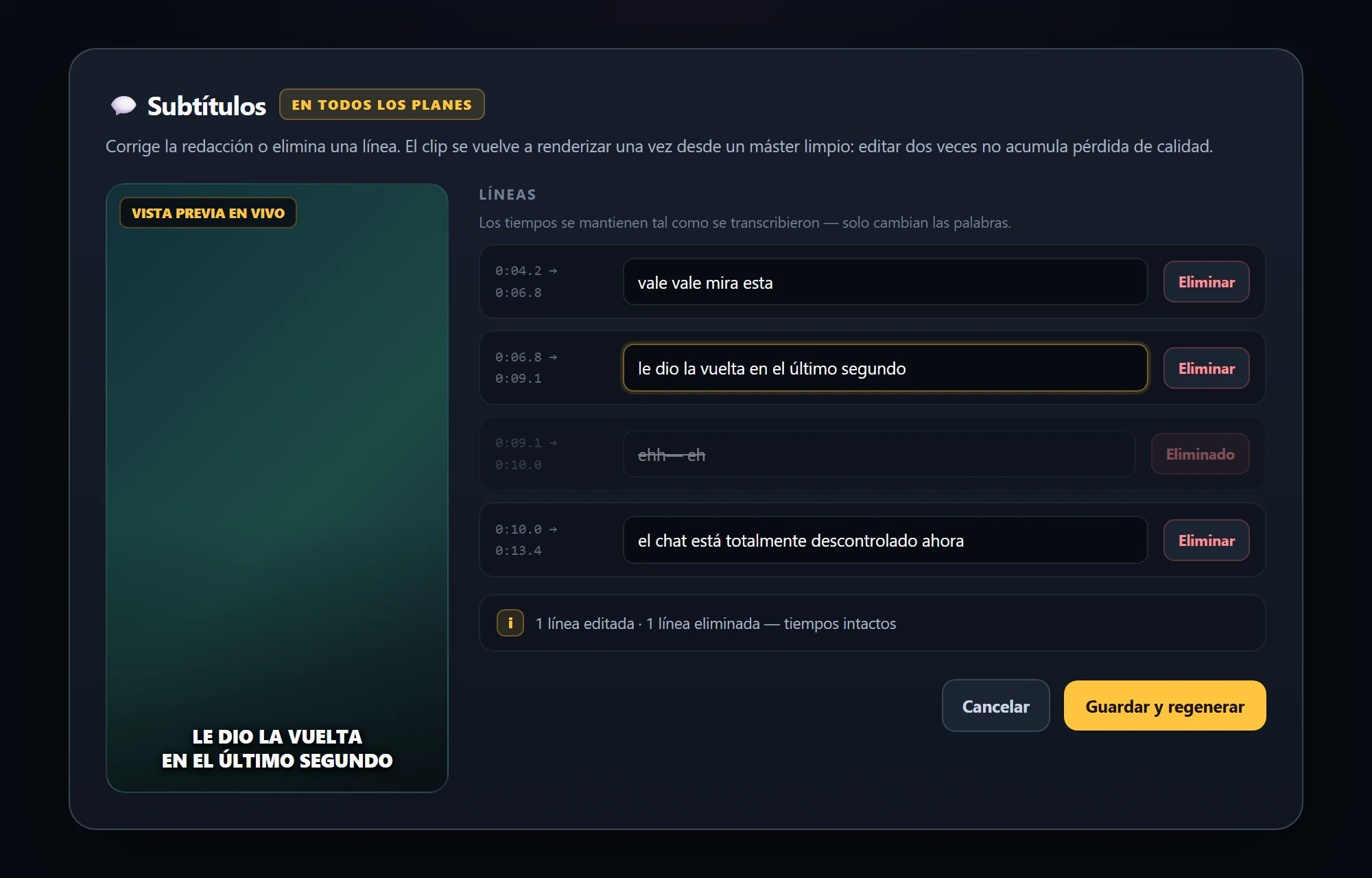 Subtitle editor with the transcribed lines open for editing