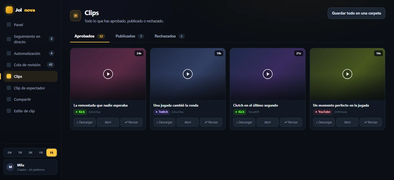 Clips library with approved, published and rejected tabs