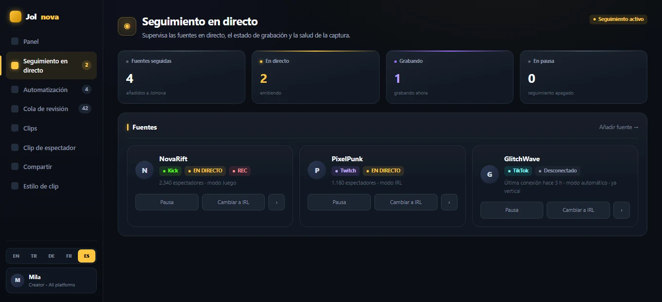 Live tracking view showing tracked sources and recording state