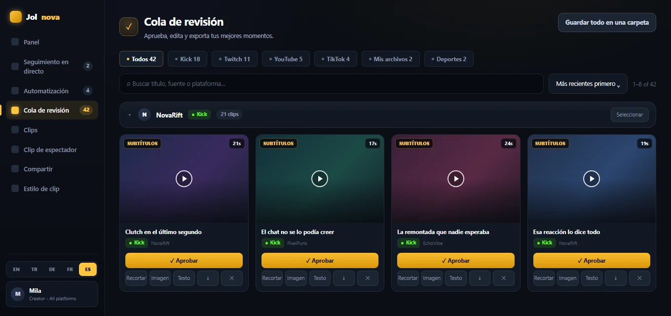 Review queue with generated clips ready for approval