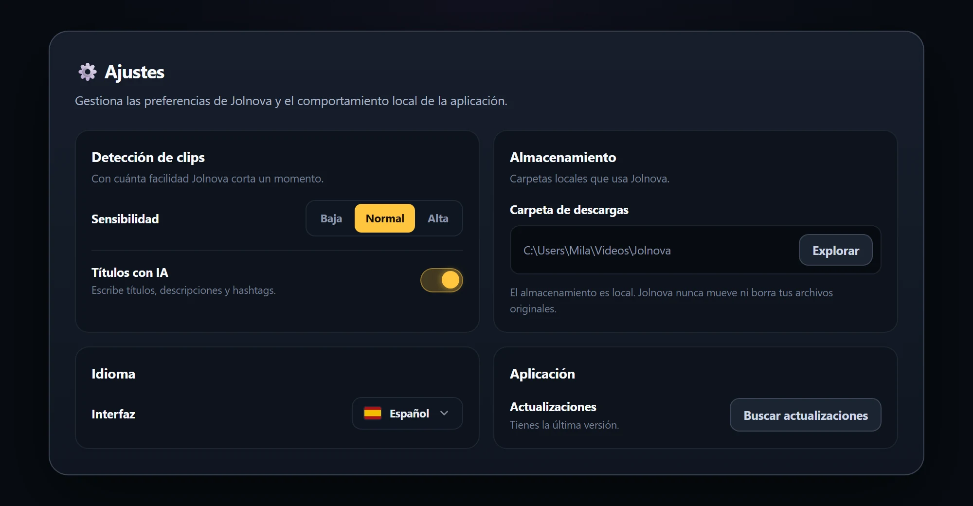 Settings page with detection, storage, language and application options