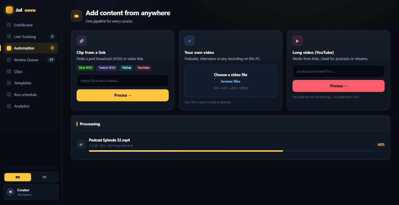 Add content from a link, a local file or a YouTube video