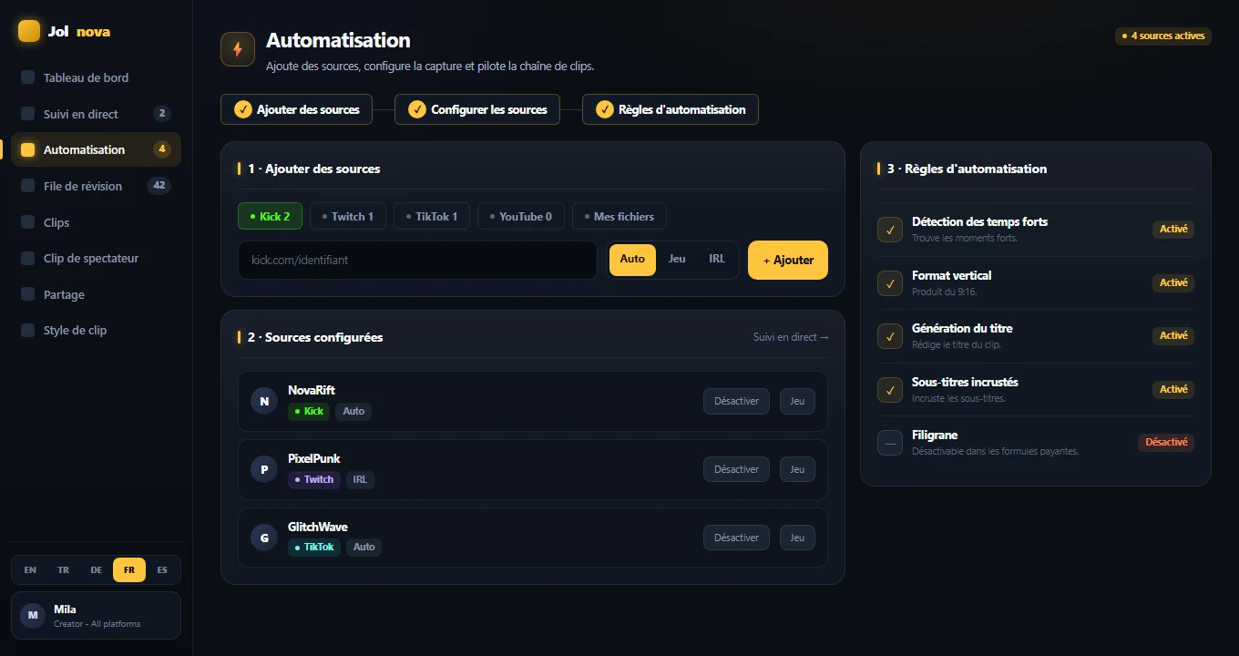 Automation page with the three-step source setup