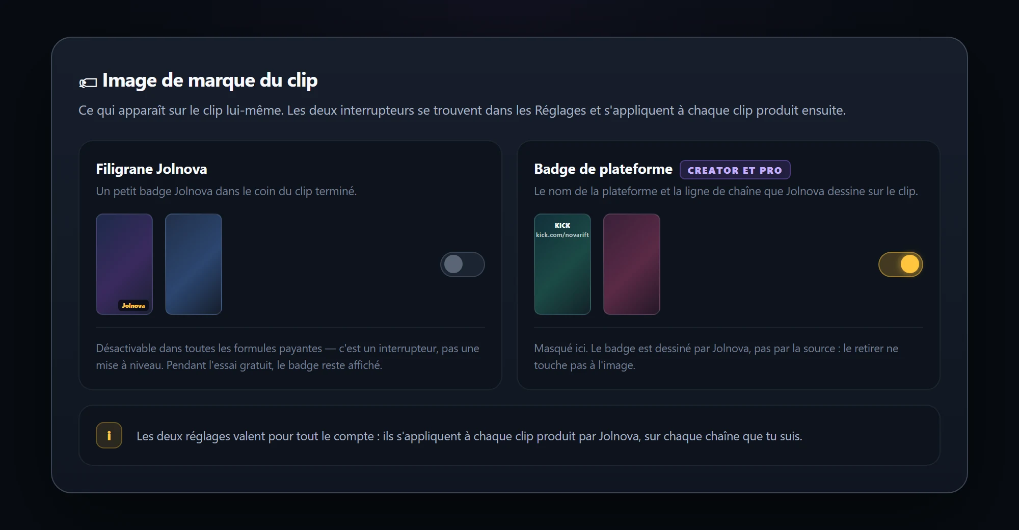 Clip branding settings with watermark and platform badge switches