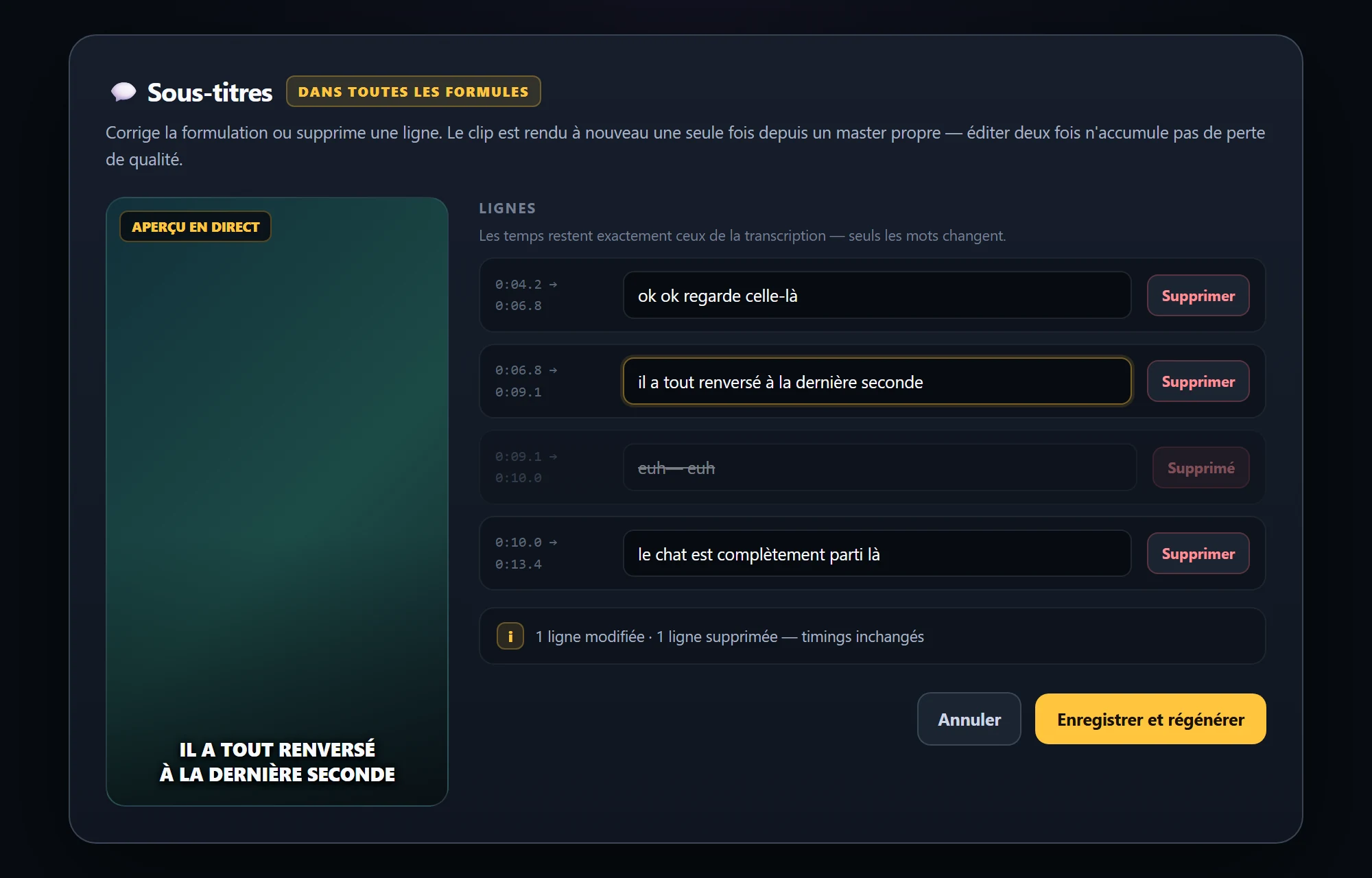 Subtitle editor with the transcribed lines open for editing