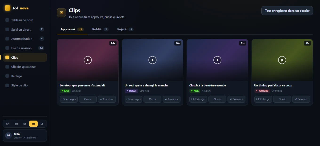 Clips library with approved, published and rejected tabs