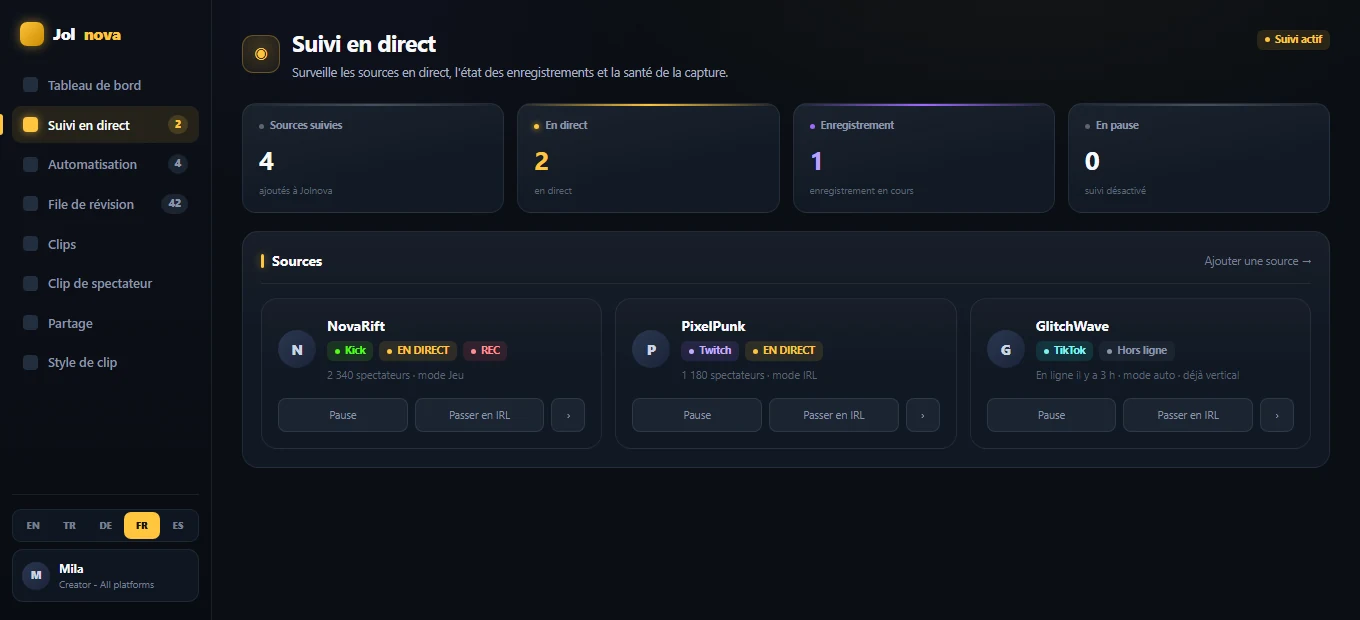 Live tracking view showing tracked sources and recording state