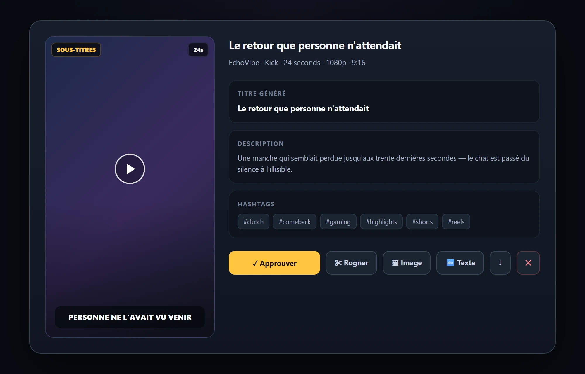 Clip detail with generated title, description and hashtags