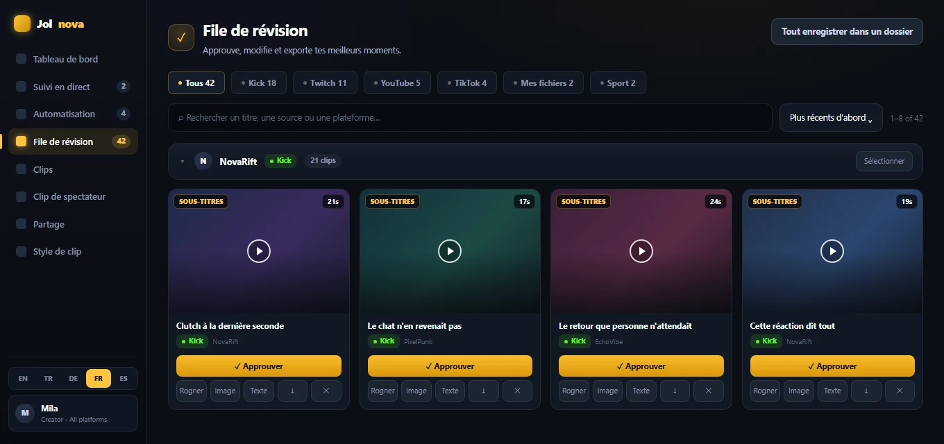 Review queue with generated clips ready for approval
