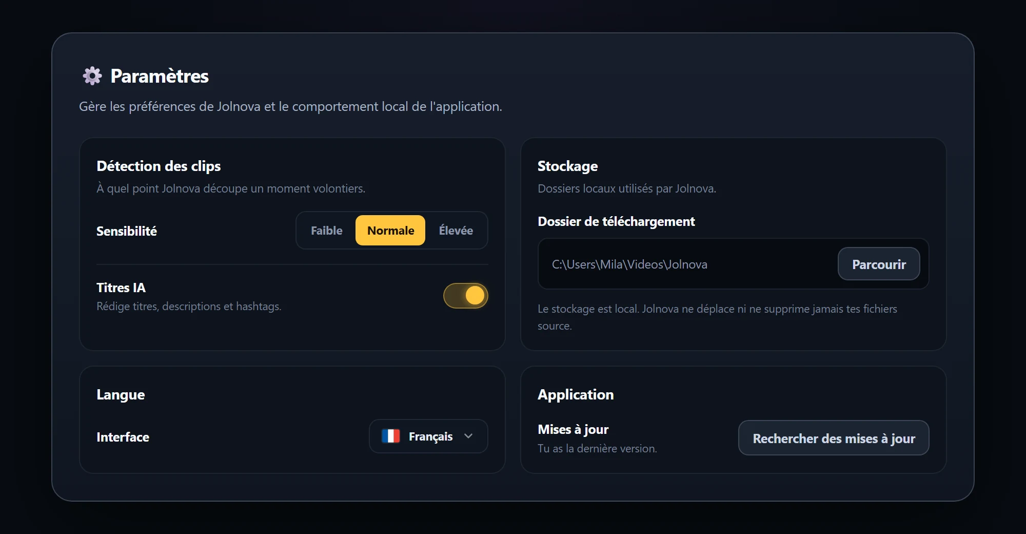 Settings page with detection, storage, language and application options