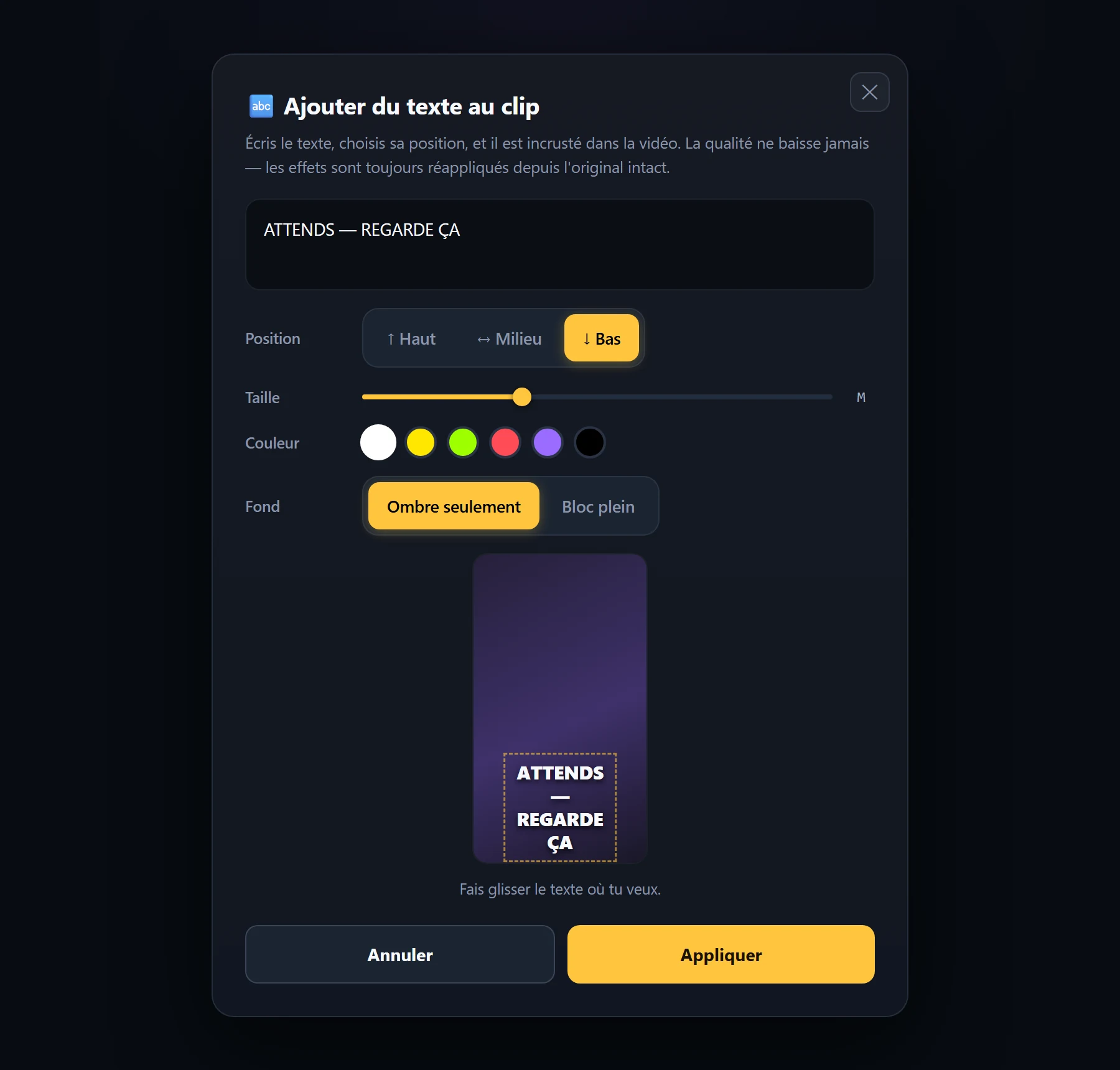 Text overlay editor with position, size and colour controls