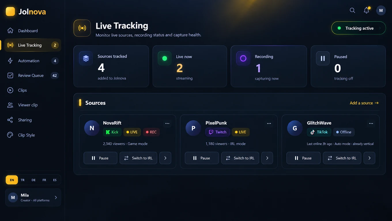 Live tracking view showing tracked sources and recording state