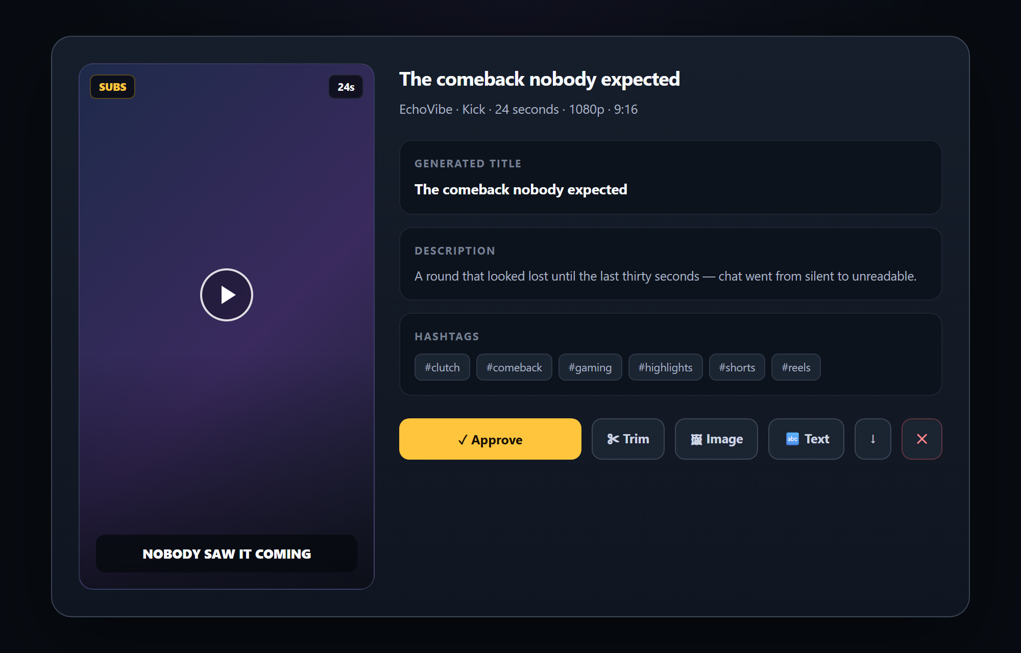 Clip detail with generated title, description and hashtags