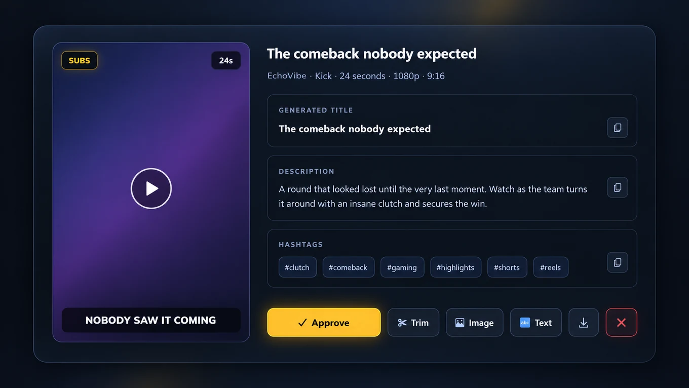 Clip detail with generated title, description and hashtags