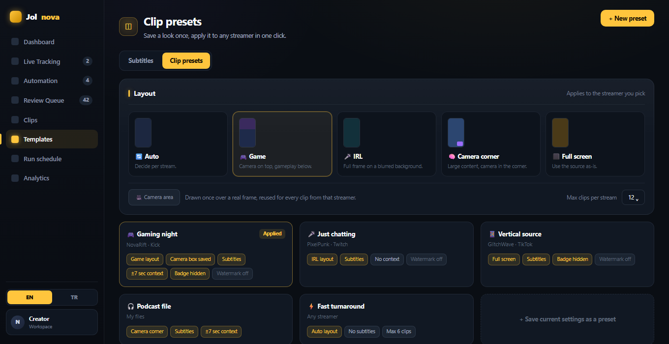 Clip presets with layout options and saved preset cards