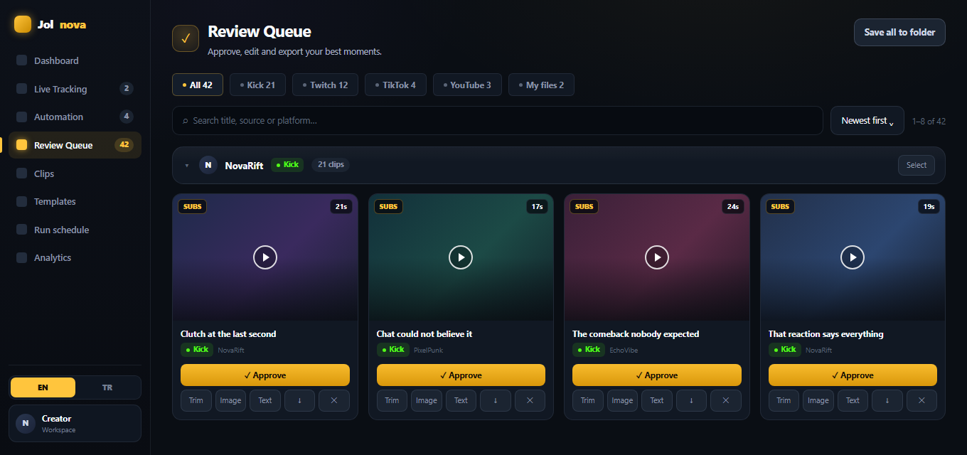 Review queue with generated clips ready for approval
