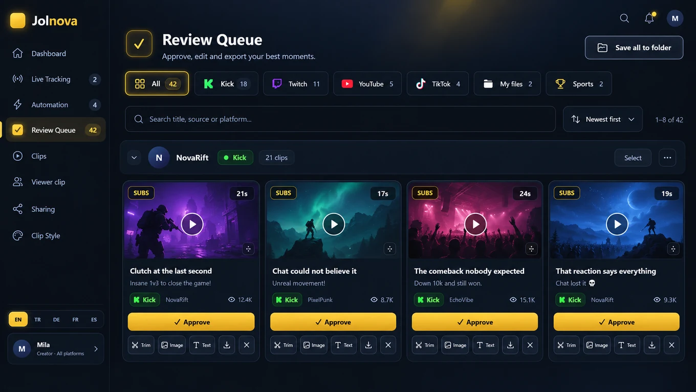 Review queue with generated clips ready for approval