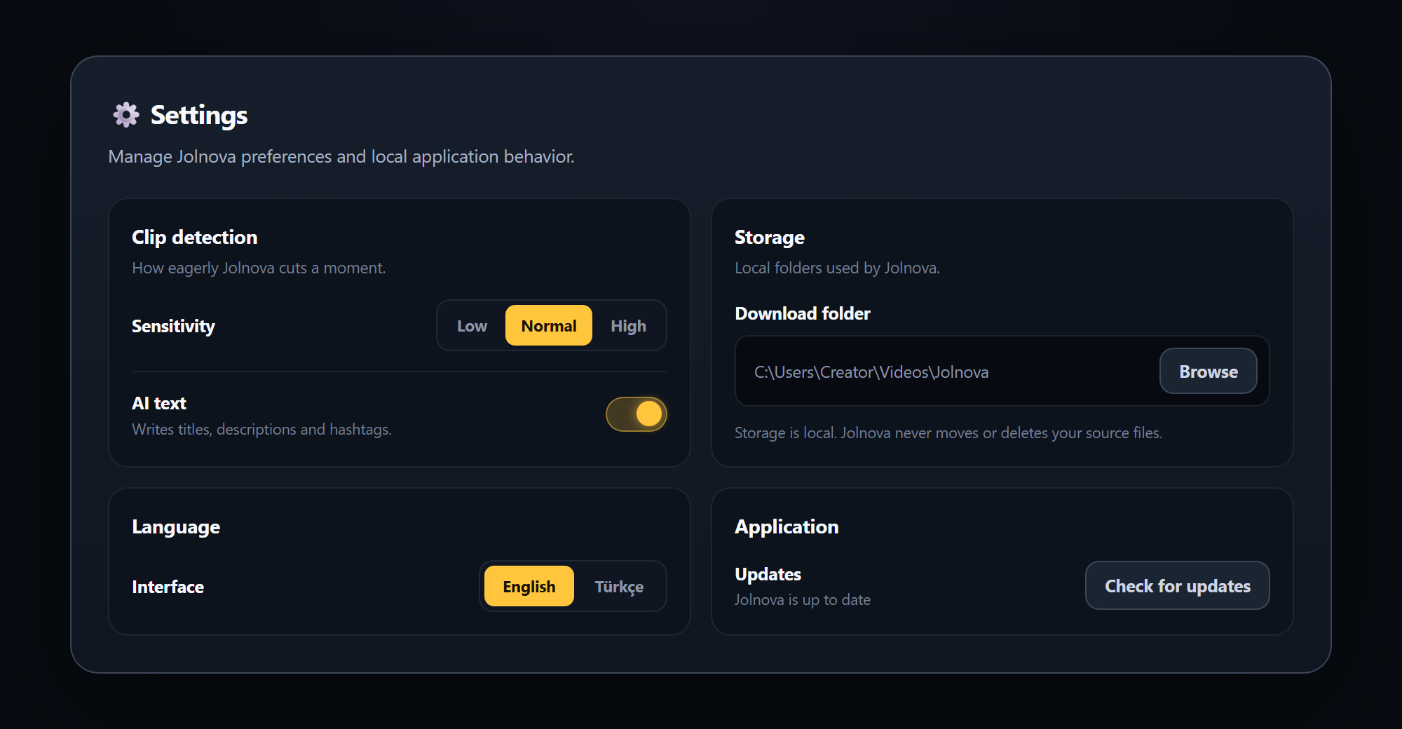 Settings page with detection, storage, language and application options