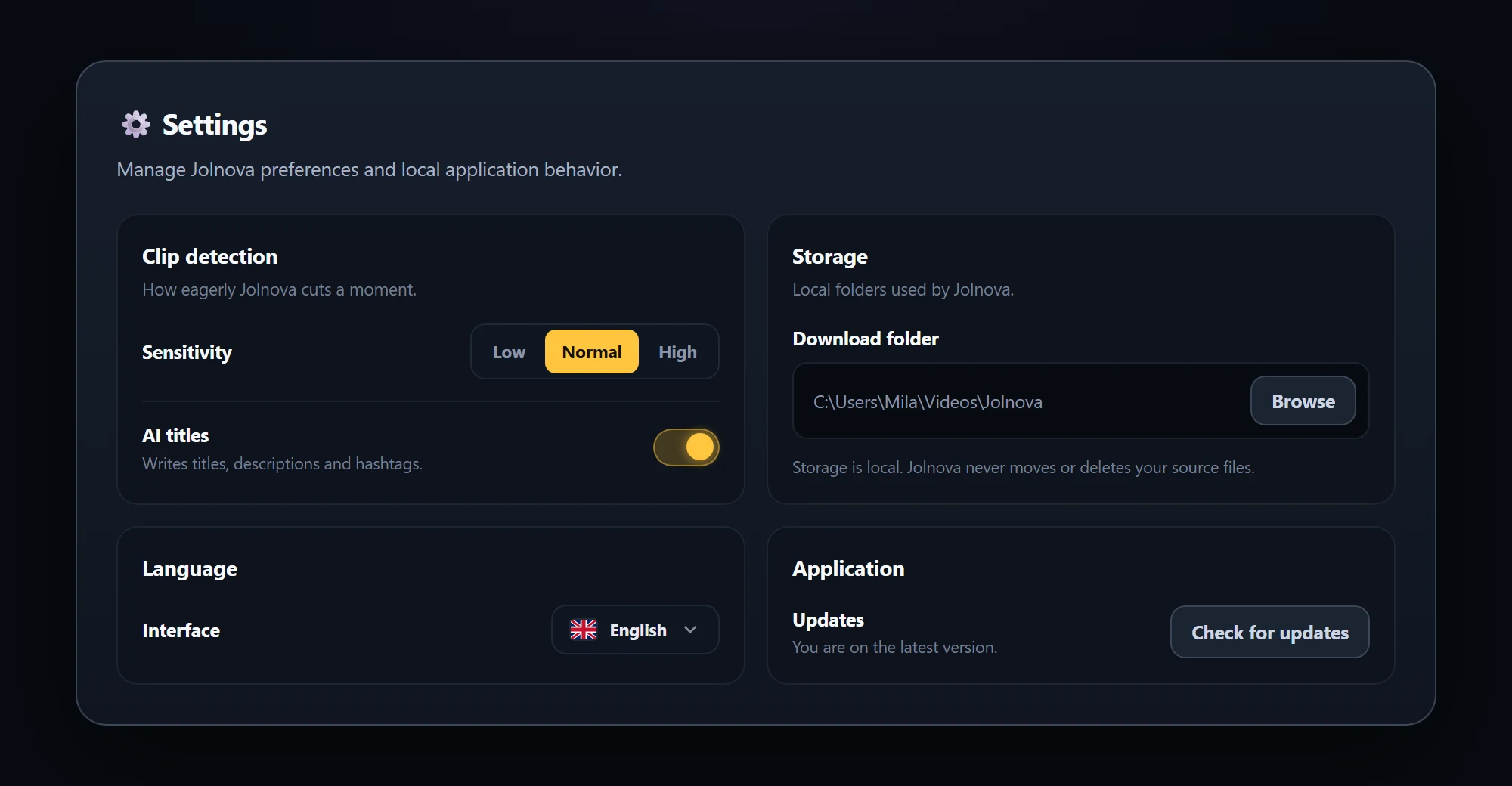 Settings page with detection, storage, language and application options