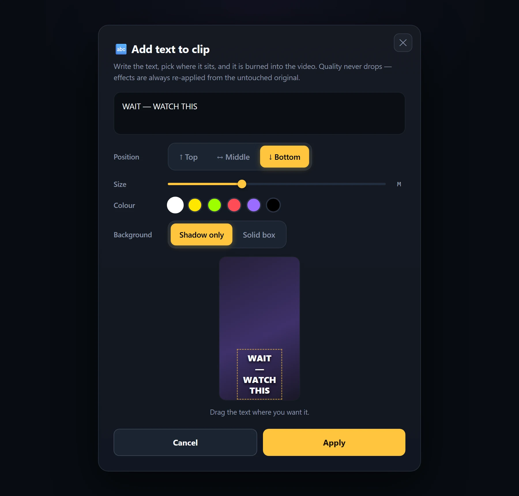 Text overlay editor with position, size and colour controls