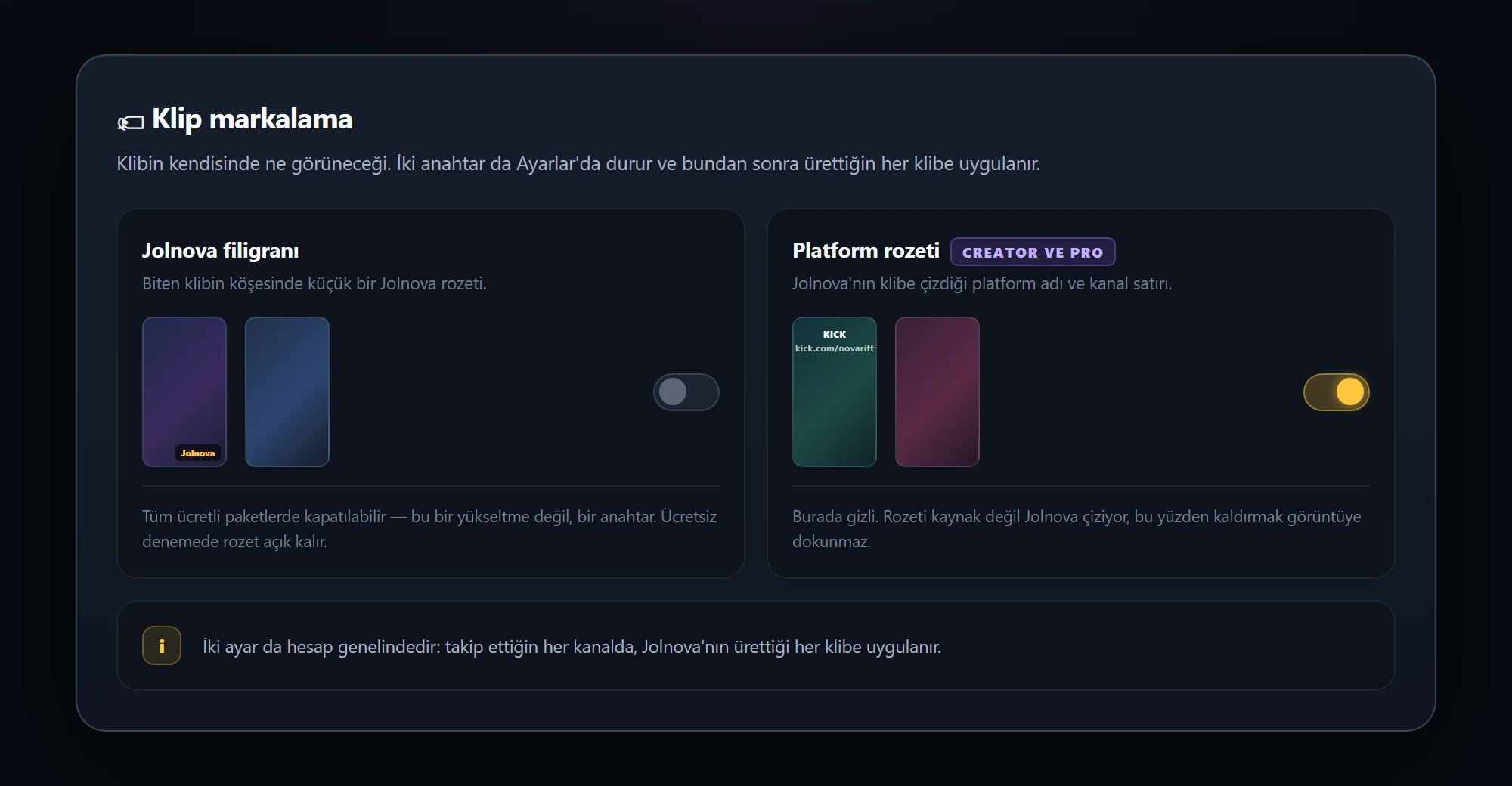 Clip branding settings with watermark and platform badge switches