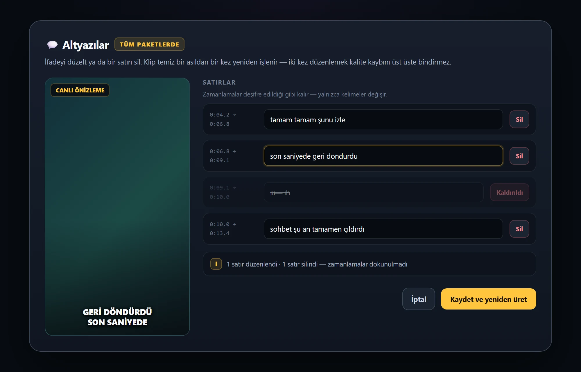 Subtitle editor with the transcribed lines open for editing