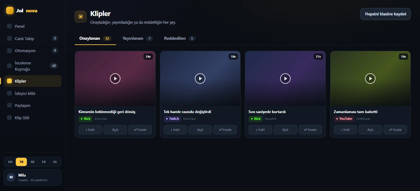 Clips library with approved, published and rejected tabs