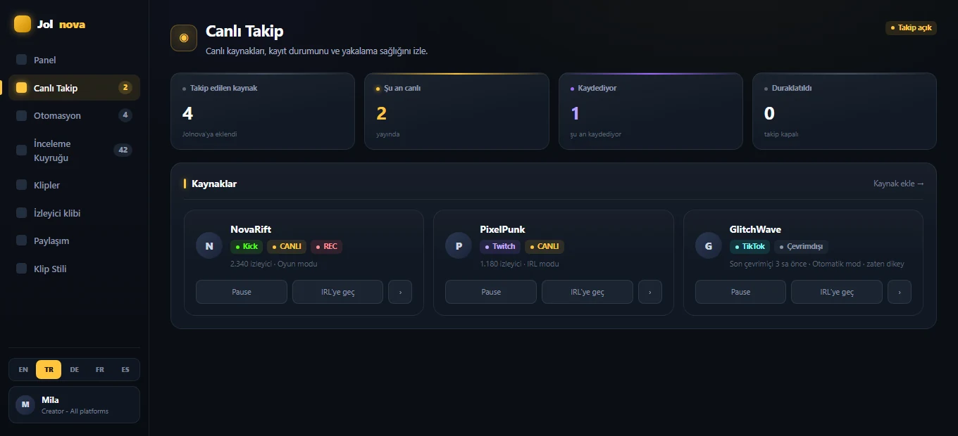Live tracking view showing tracked sources and recording state