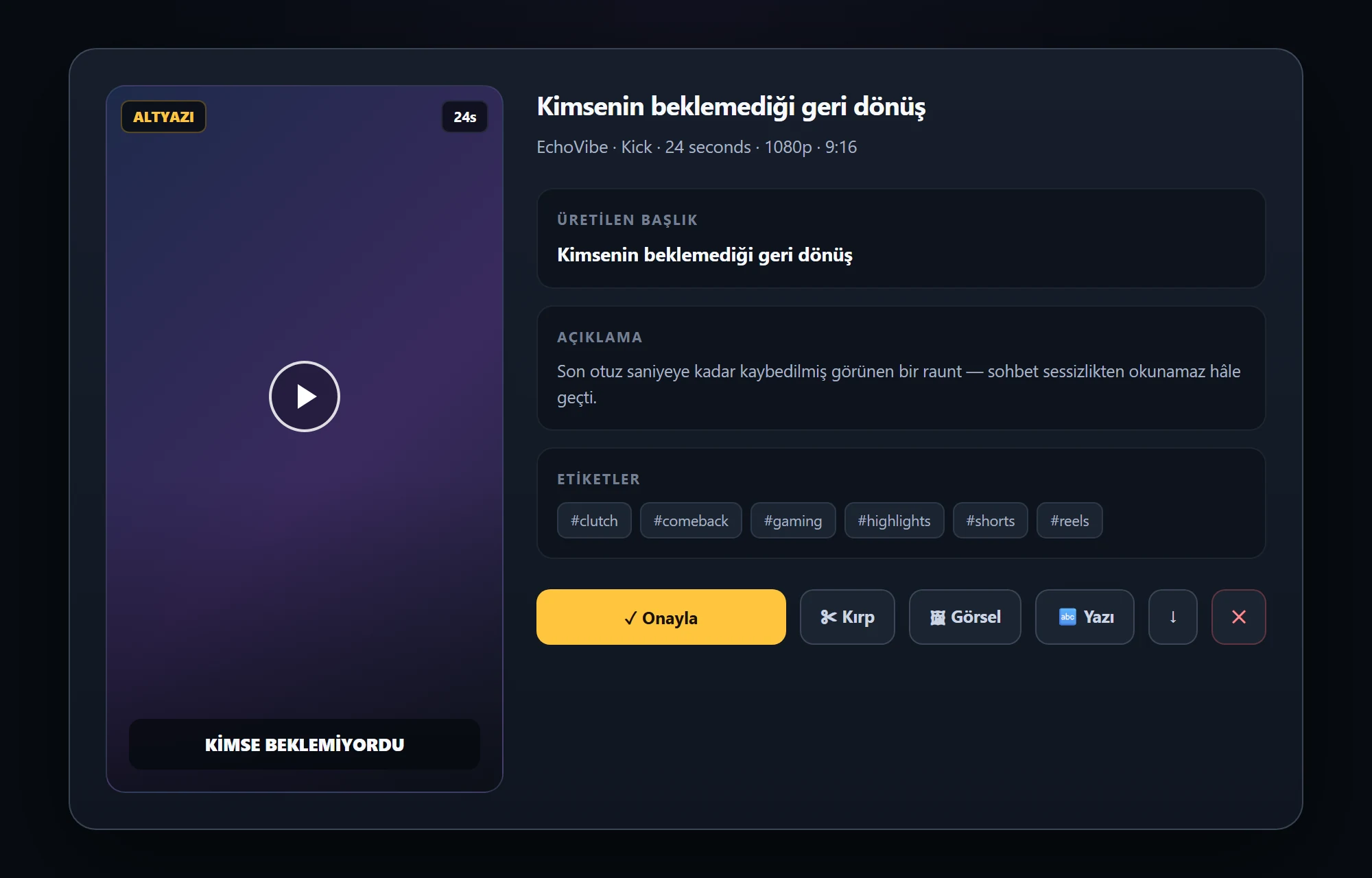 Clip detail with generated title, description and hashtags