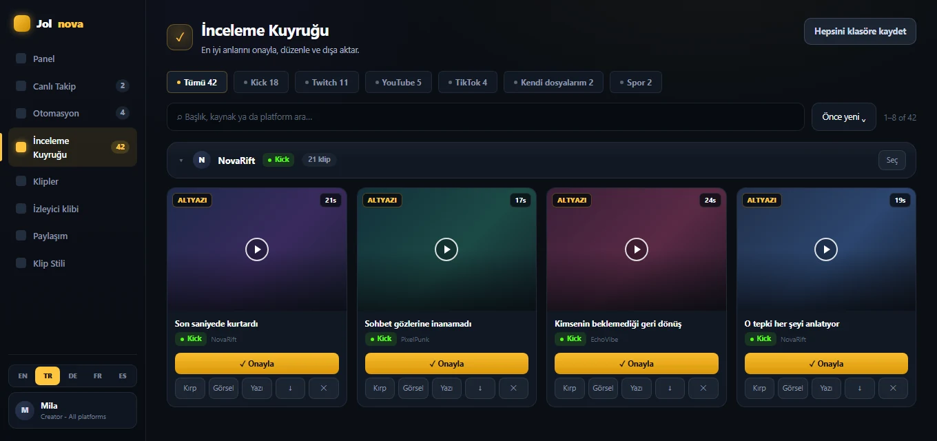 Review queue with generated clips ready for approval