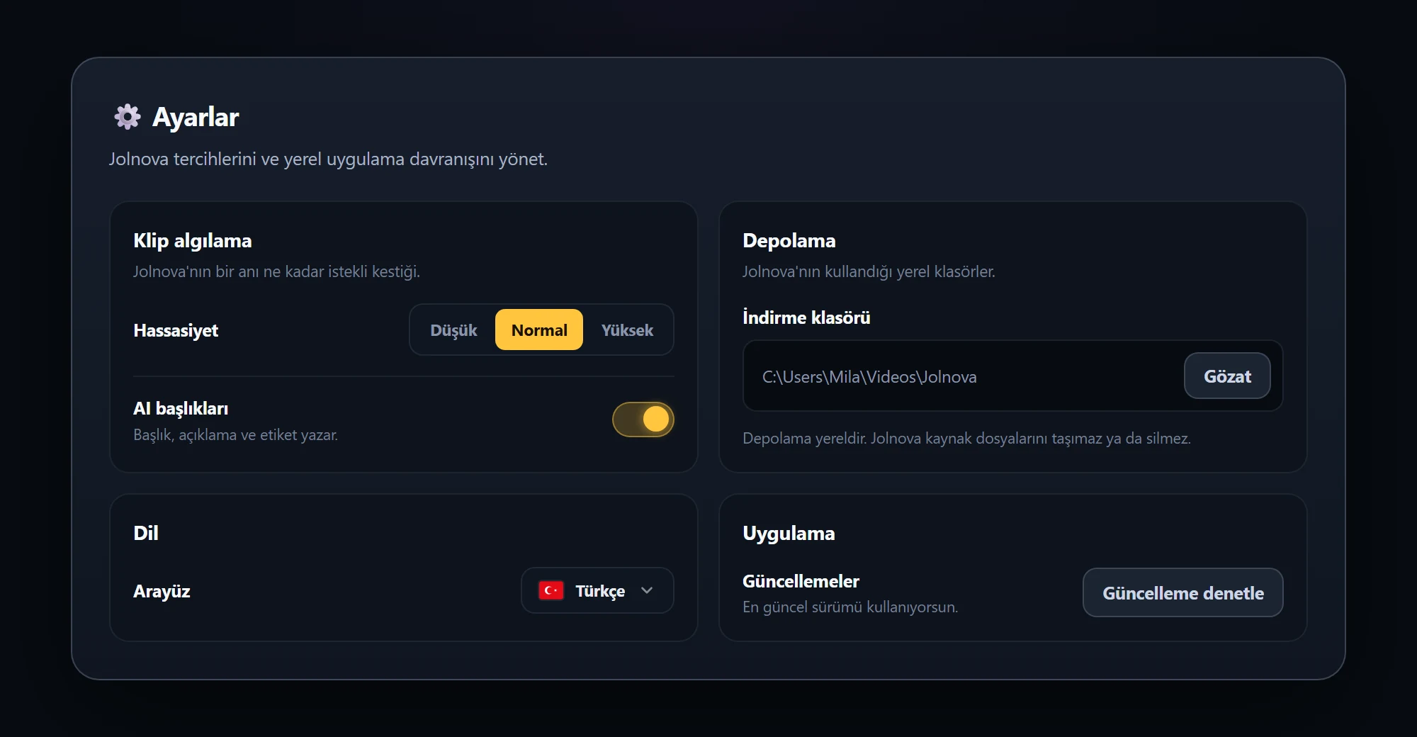 Settings page with detection, storage, language and application options