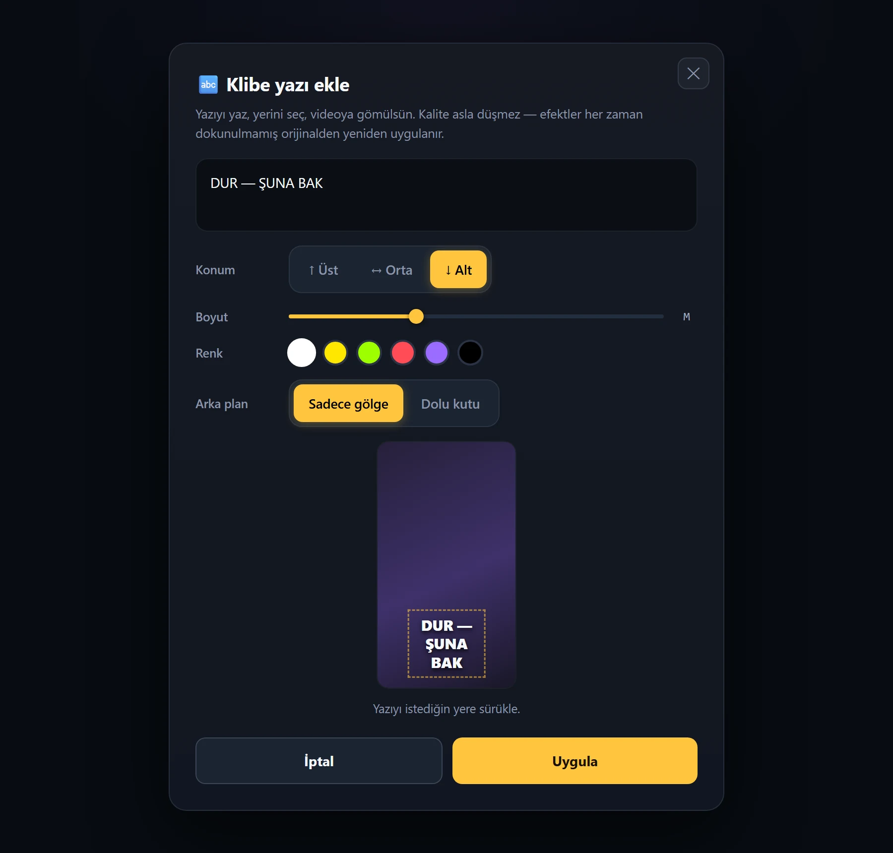 Text overlay editor with position, size and colour controls